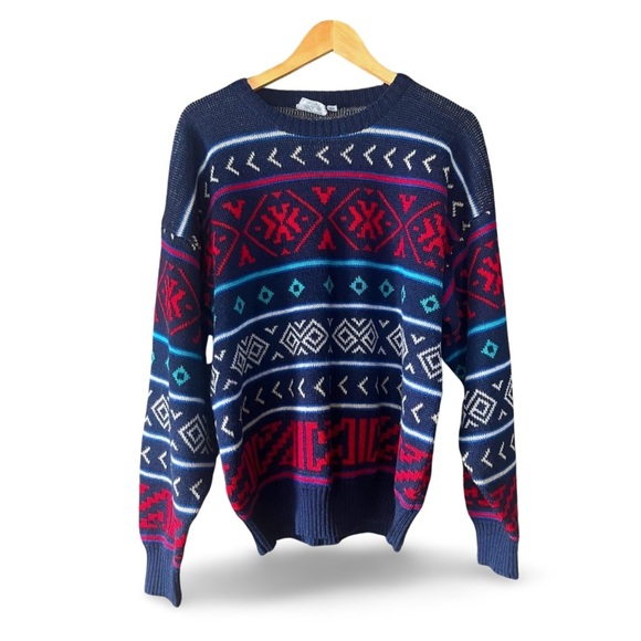 Vintage Wool Blend Sweater – Navy & Red Geometric Knit, 90s Cozy Classic - Picture 1 of 6